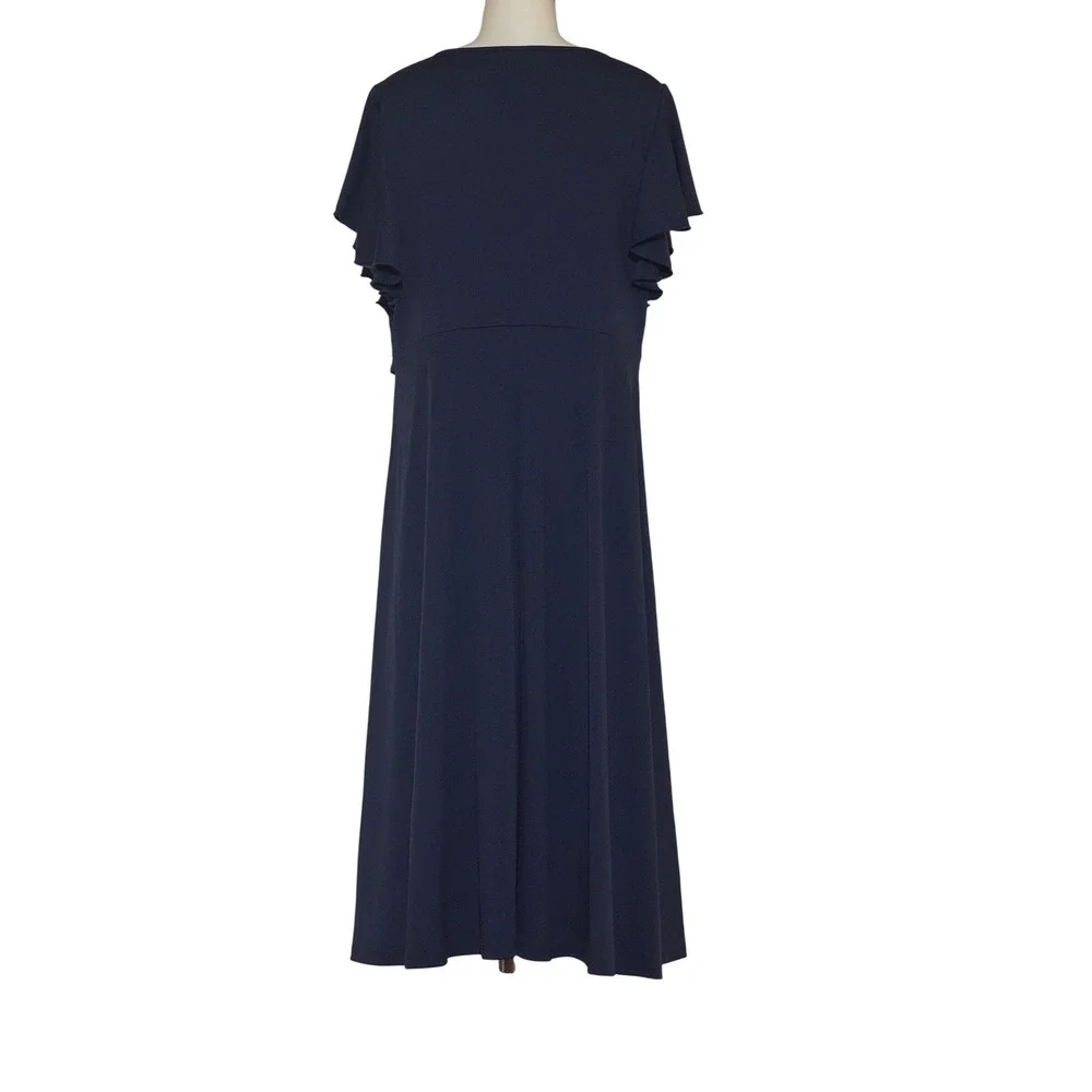 Midi Wrap Dress Women 1XL Navy Blue Good High-Low Ruffle Sleeve Gold Buckle NWOT